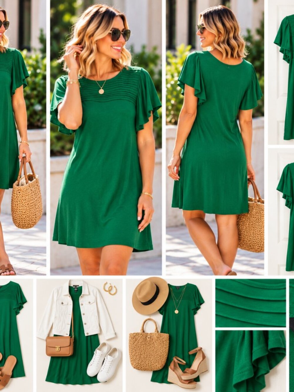 Banana Republic Emerald Green Flutter Sleeve Pintuck Dress Size L